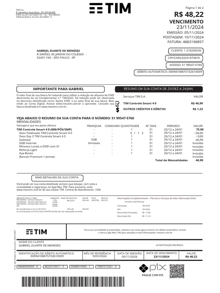 Fatura TIM: Débito Automático e ICMS | PDF | Pagamentos
