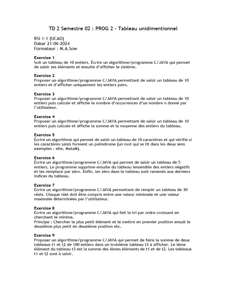 Algorithmes C/Java pour tableaux d'entiers | PDF | Méthodes et ...