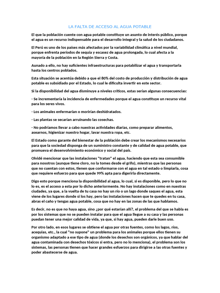 La Falta de Acceso Al Agua Potable | PDF | Agua | Agua potable