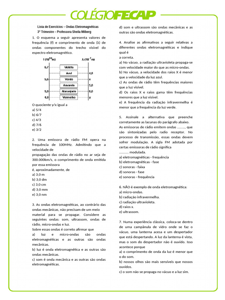 Exercícios sobre Ondas Eletromagnéticas | PDF | Radiação ...