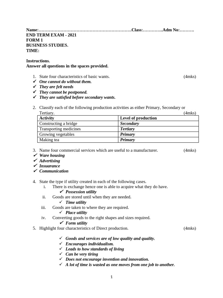 Business Studies Exam Guide for Form 1 | PDF | Labour Economics | Goods