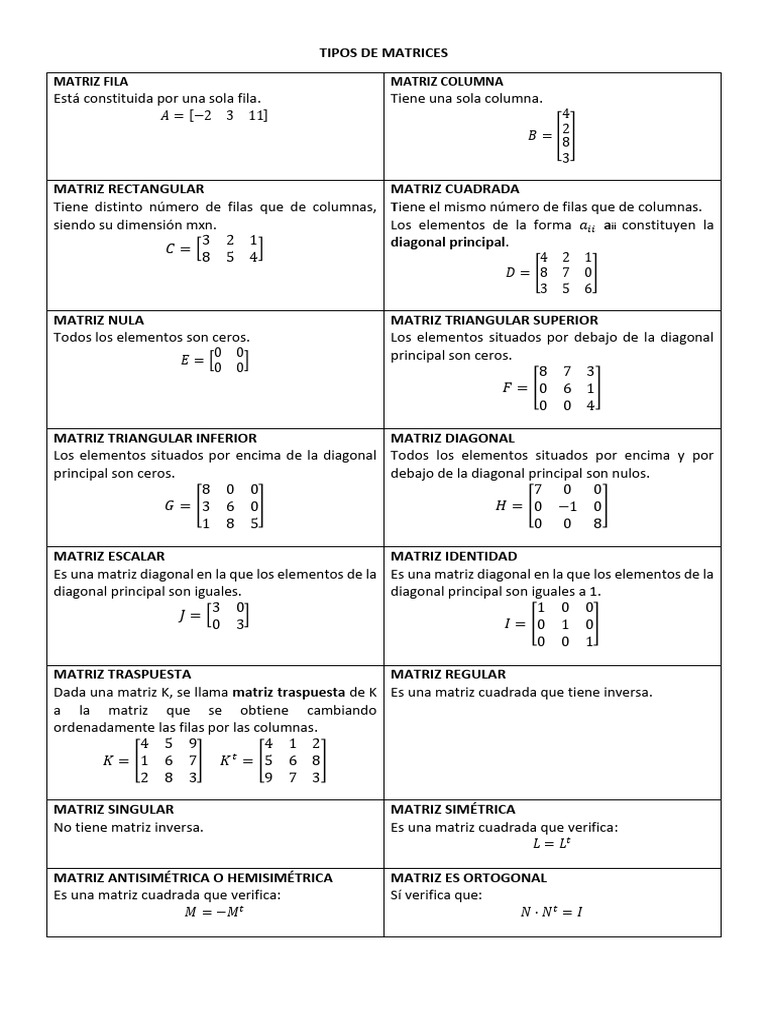 Tipos Matrices | PDF | Matriz (Matemáticas) | Funciones y mapeos