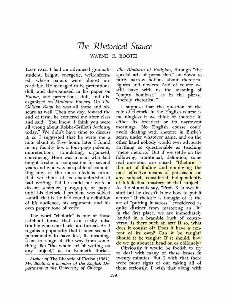 The Rhetorical Stance - Booth W | PDF | Rhetoric | Persuasion
