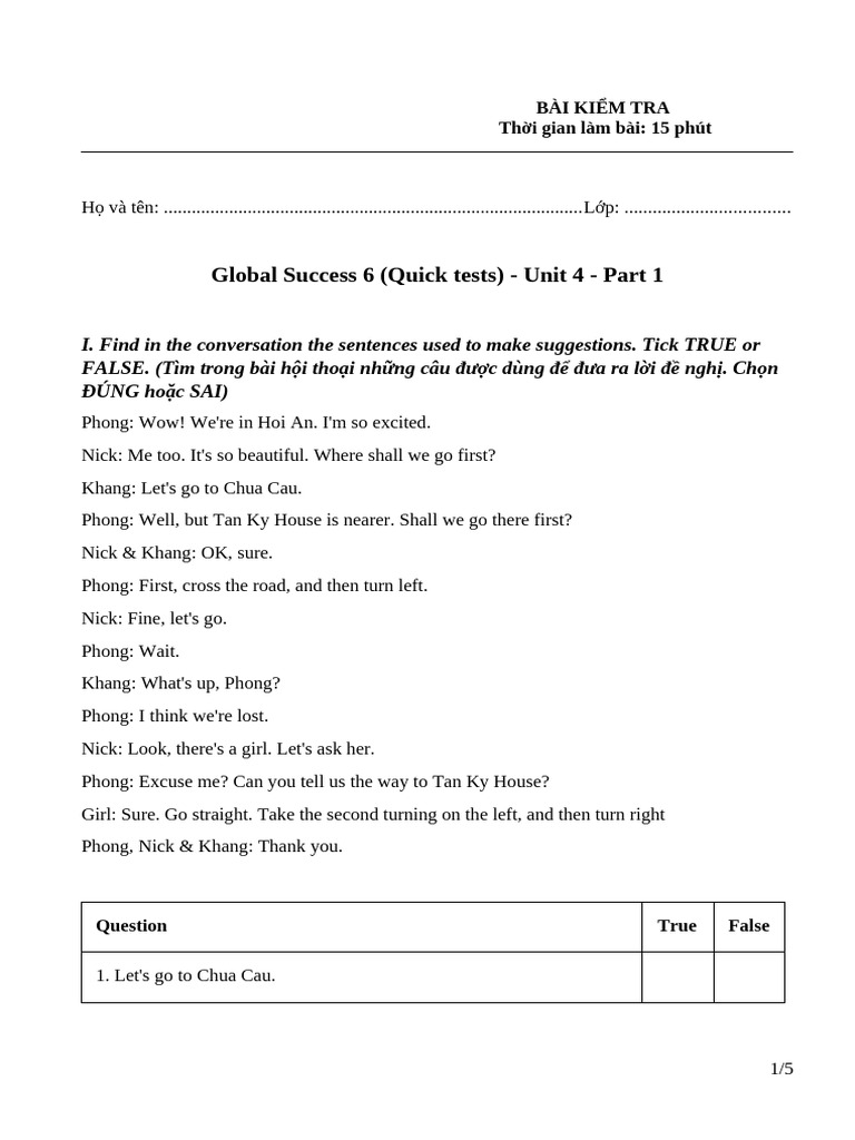 Global Success 6 Unit 4 Test Guide | PDF