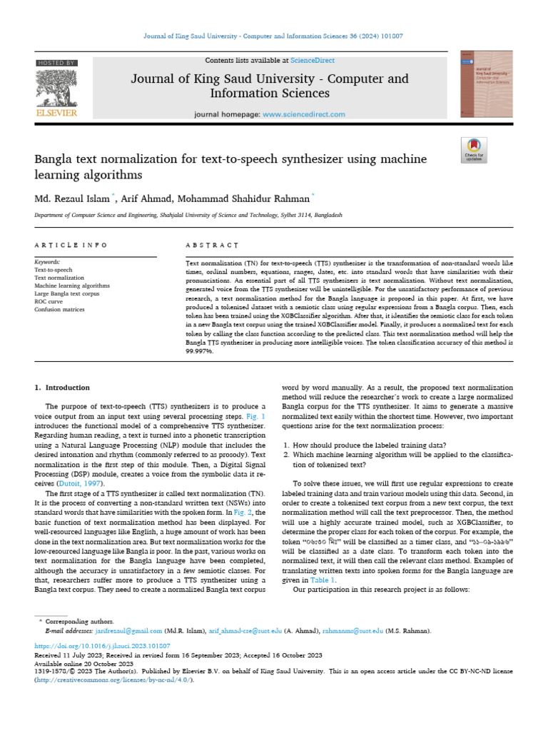 Bangla Text Normalization For Text-To-speech Synthesizer Using Machine ...