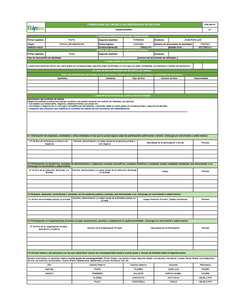 Formulario Del Modelo de Prevención Del Delito - XLSX - Formulario ...