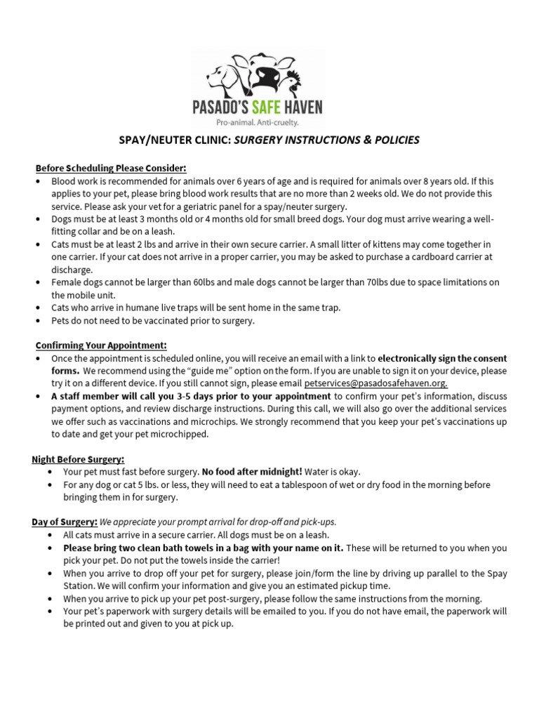Spay/Neuter Surgery Instructions & Policies | PDF | Neutering | Cats