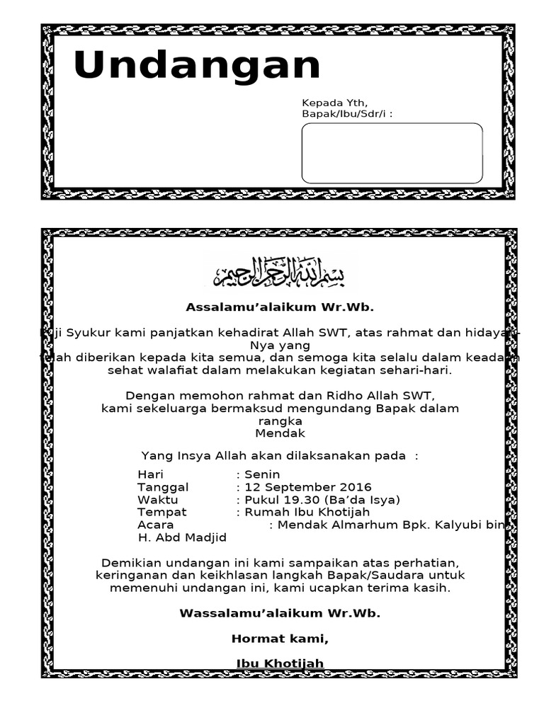Undangan Mendak dan Tasyakuran Pernikahan | PDF