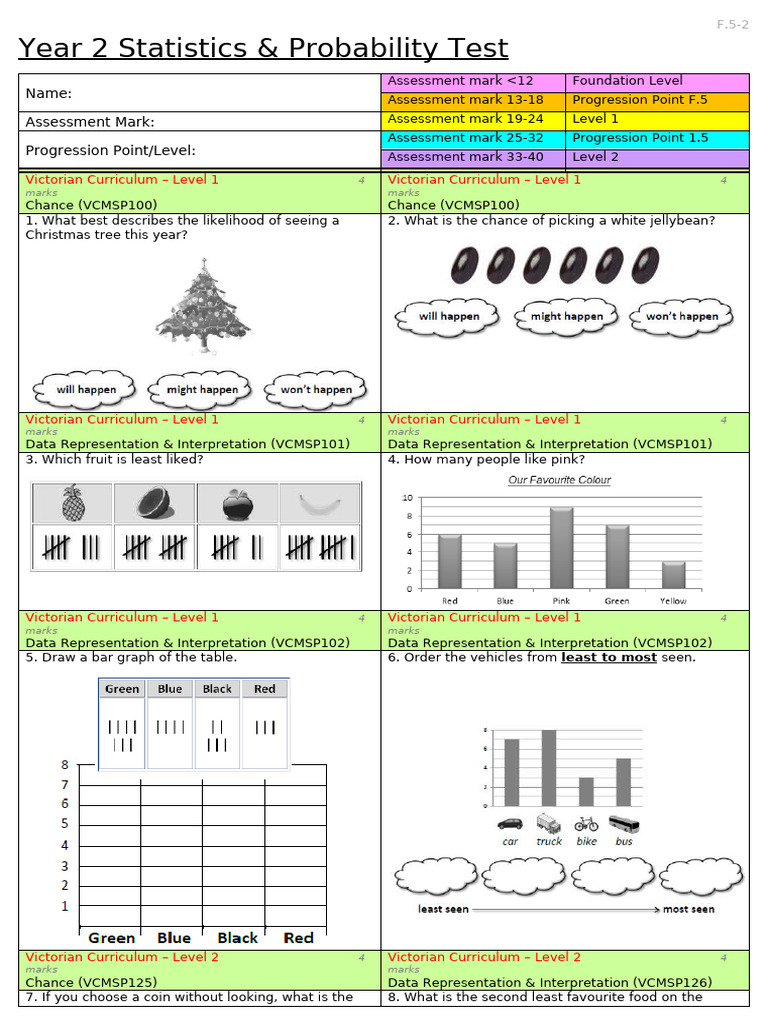Year 2 Statistics & Probability Test | PDF | Probability And Statistics ...
