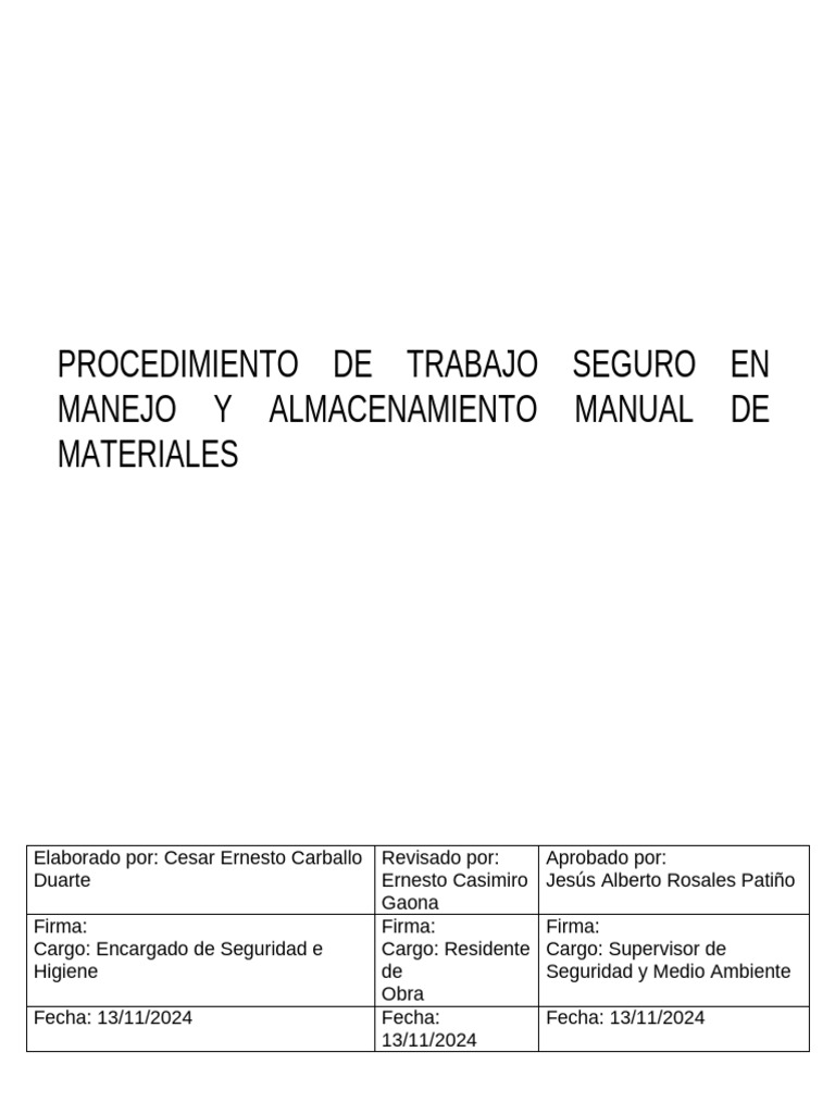 Procedimiento Seguro para Manejo de Materiales | PDF | Factores humanos ...
