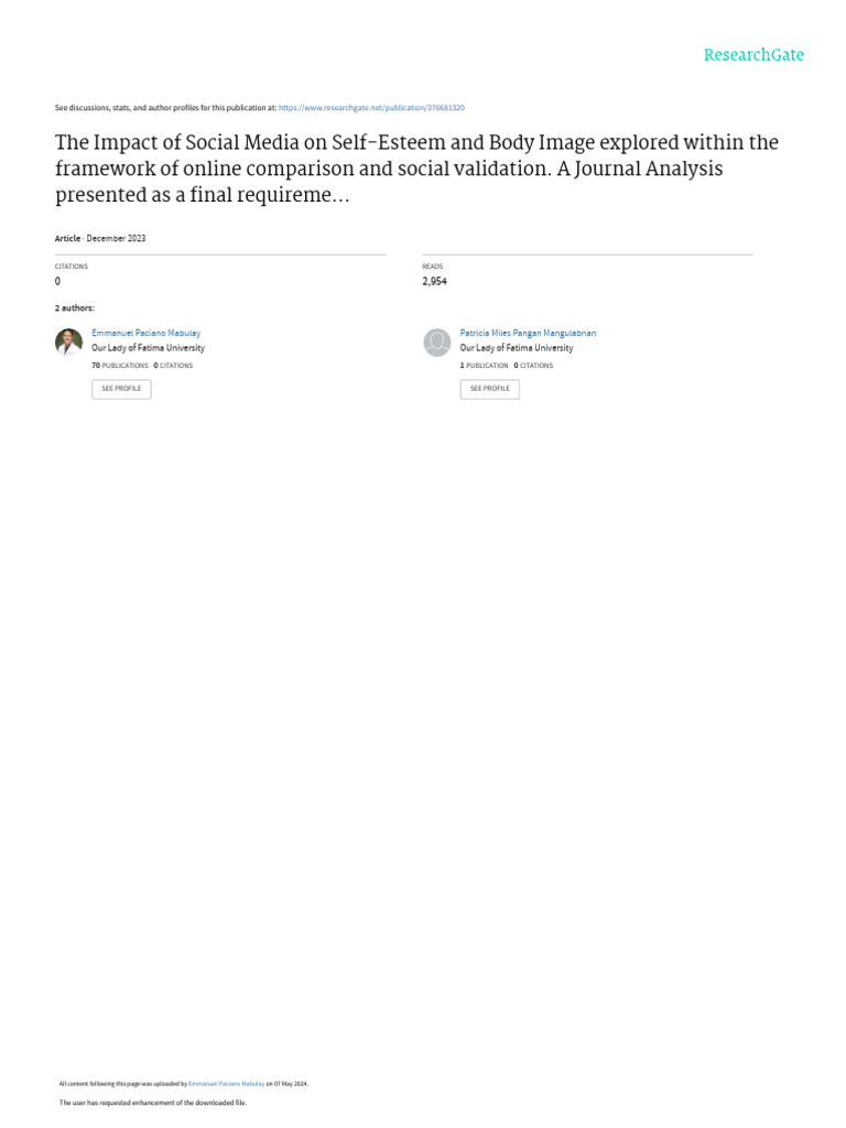 Social Media's Impact on Self-Esteem | PDF | Body Image | Popular ...