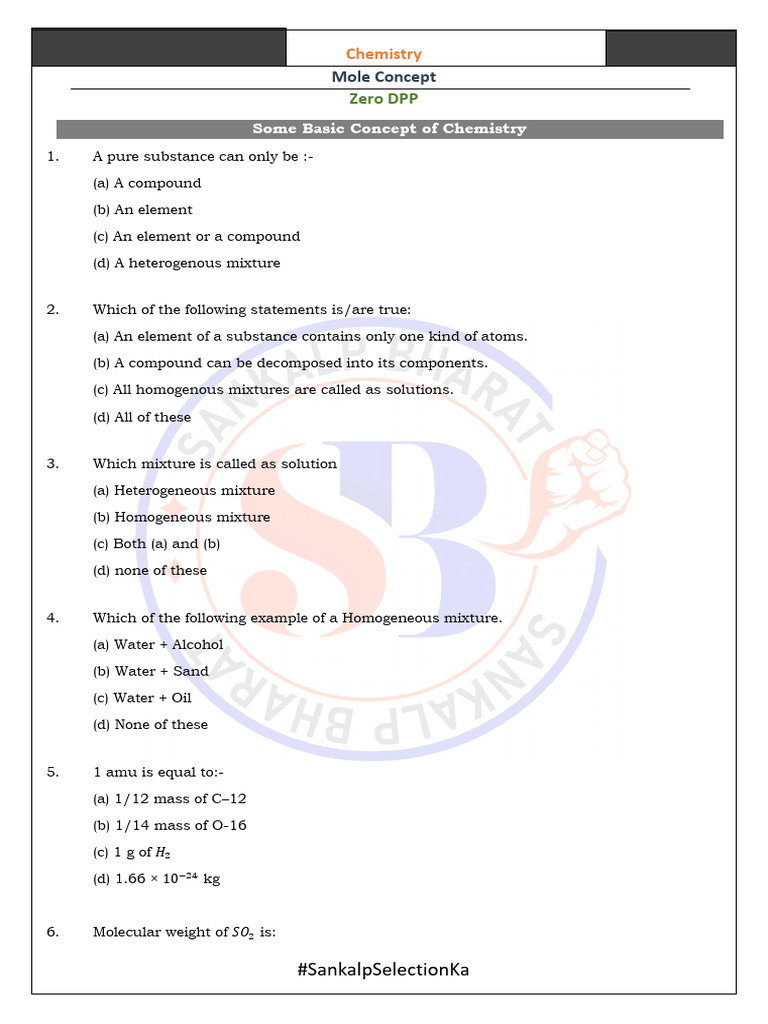 Sankalp Neutron NEET 2024: Mole Concept | PDF | Mixture | Chemical ...