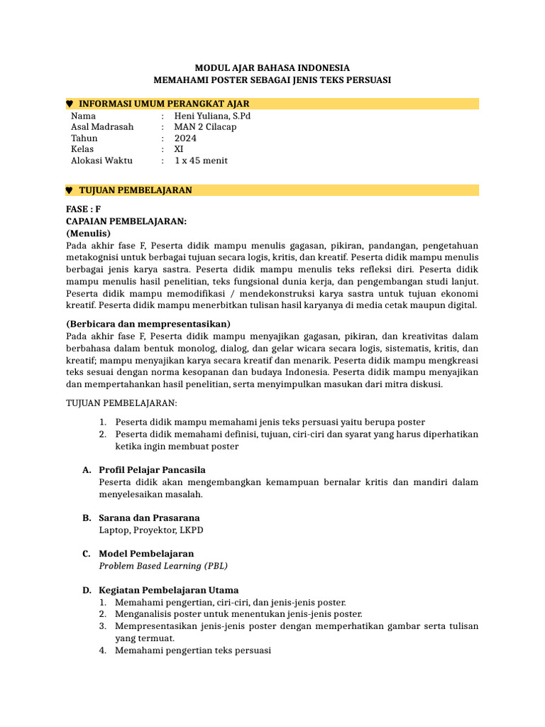 RPP Bahasa Indonesia MA (Madrasah Aliyah) Memahami Poster | PDF