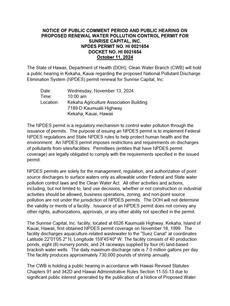 Sunrise Capital Inc Public Notice - Draft Permit - Fact Sheet | PDF ...