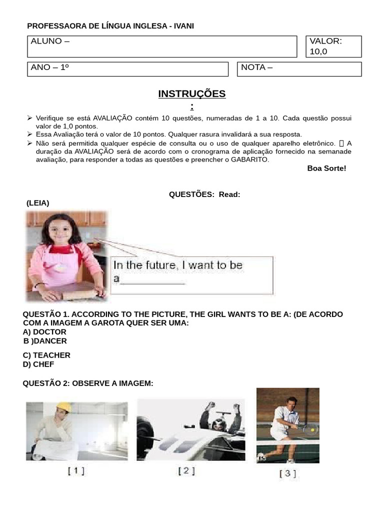 Avaliação de Inglês - 1º Ano | PDF