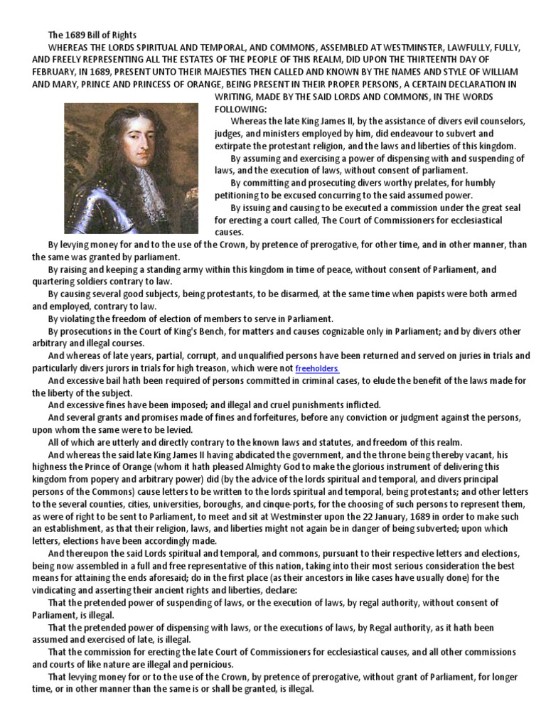 1689 English Bill of Rights Summary | PDF | Oath Of Office | Parliament