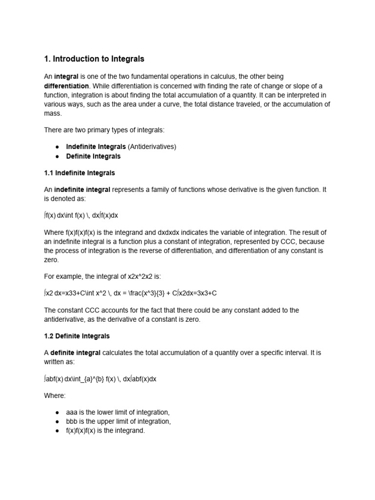 Class Notes On Integrals | PDF | Integral | Derivative