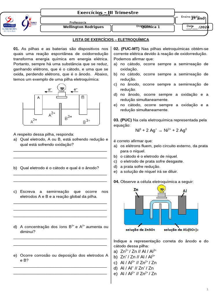 Lista de Exercícios sobre Eletroquímica | PDF | Eletroquímica | Cátodo