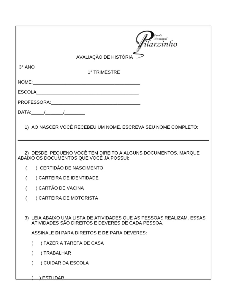 Avaliação de História 3º Ano - 1º Trimestre | PDF