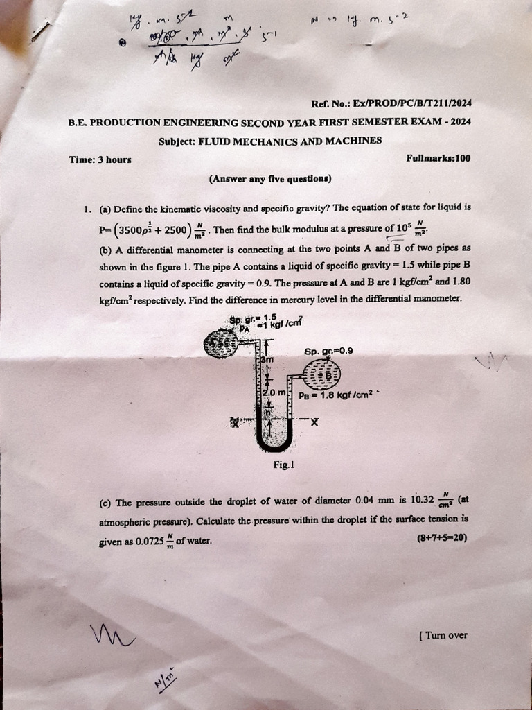 Fluid Mechanics Exam Questions 2024 | PDF | Turbine | Pressure