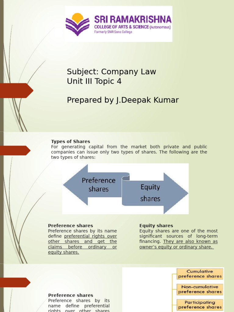 Types of Shares in Company Law | PDF | Preferred Stock | Dividend