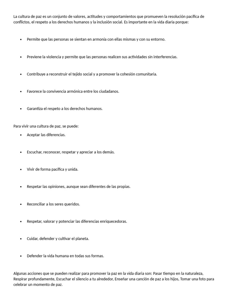 Cultura de Paz: Valores y Ejemplos | PDF | Tolerancia | Paz