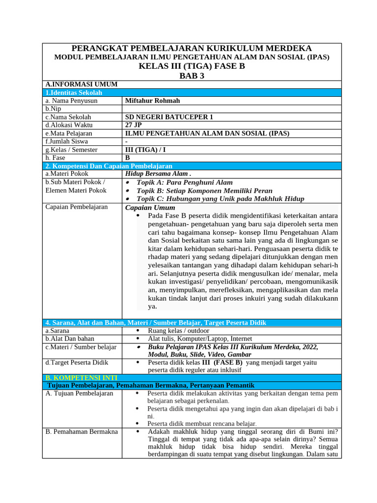 Modul Ajar Ipas Kelas 3 Bab 3 Pertemuan 4 | PDF | Ilmu Sosial | Seni ...