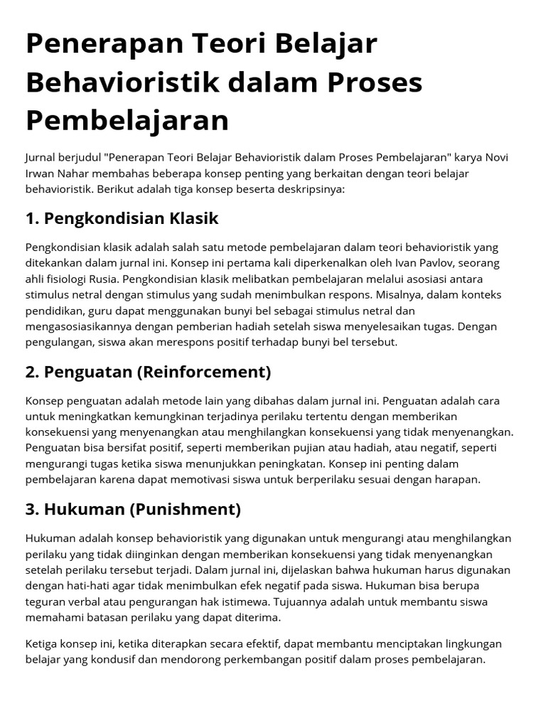 Penerapan Teori Belajar Behavioristik Dalam Proses Pembelajaran