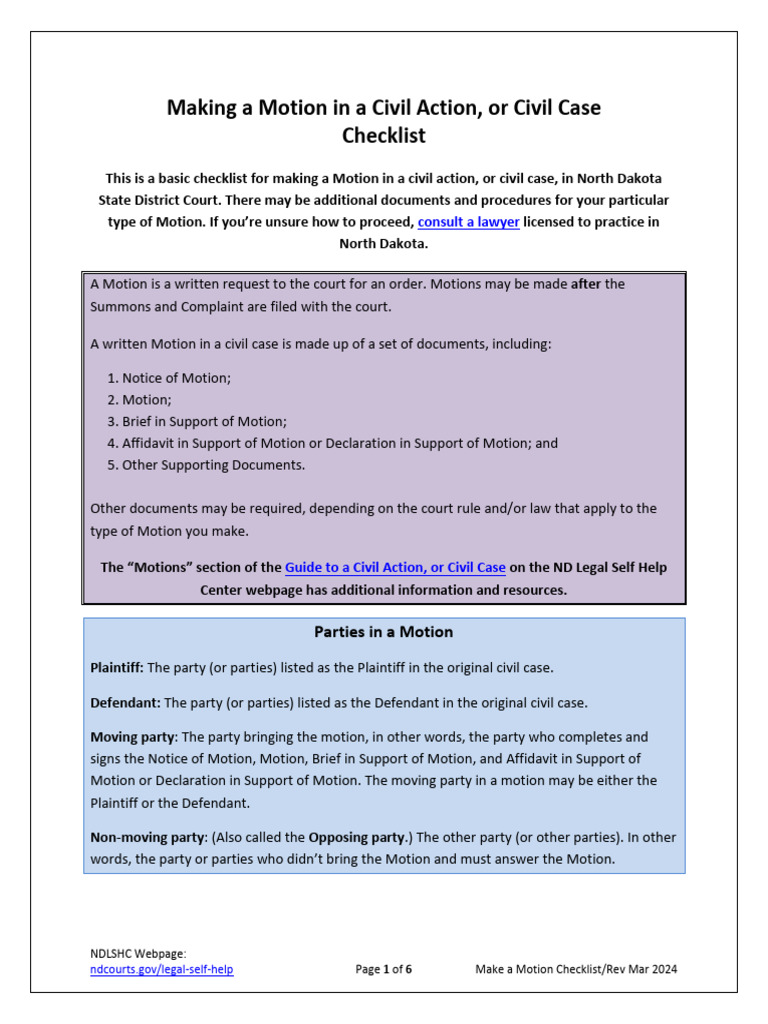 North Dakota Civil Motion Checklist | PDF | Lawsuit | Complaint