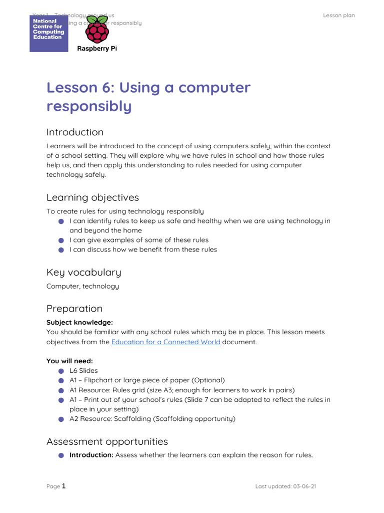 Safe Computer Use for Kids | PDF | Lesson Plan | Cognition