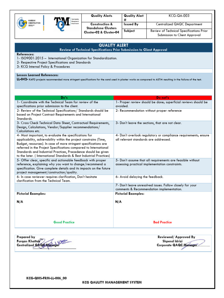 Quality Alert - KCG-QA-003 - (Review of Project Specification) | PDF ...