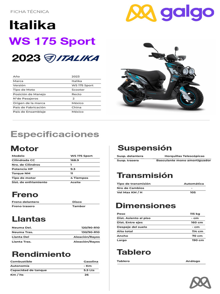 Ficha Técnica Italika WS 175 Sport 2023 | PDF