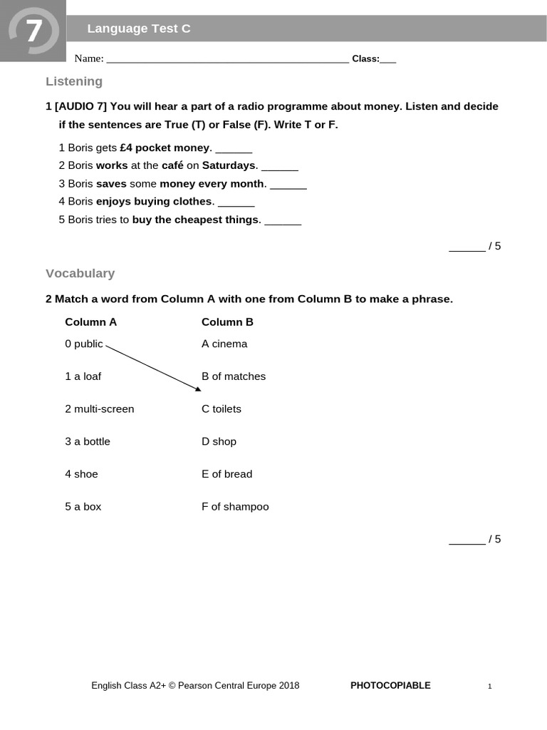 ECA2+ - Tests - Language Test 7C - 2018 | PDF | English Language ...