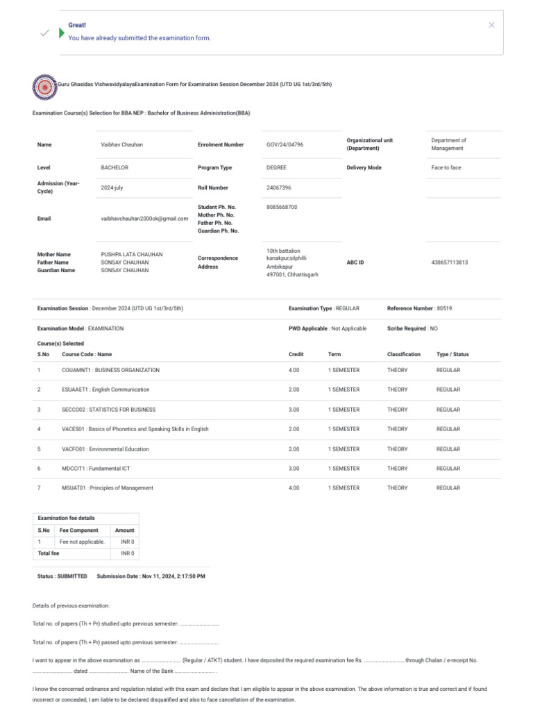 BBA Examination Form Submission 2024 | PDF