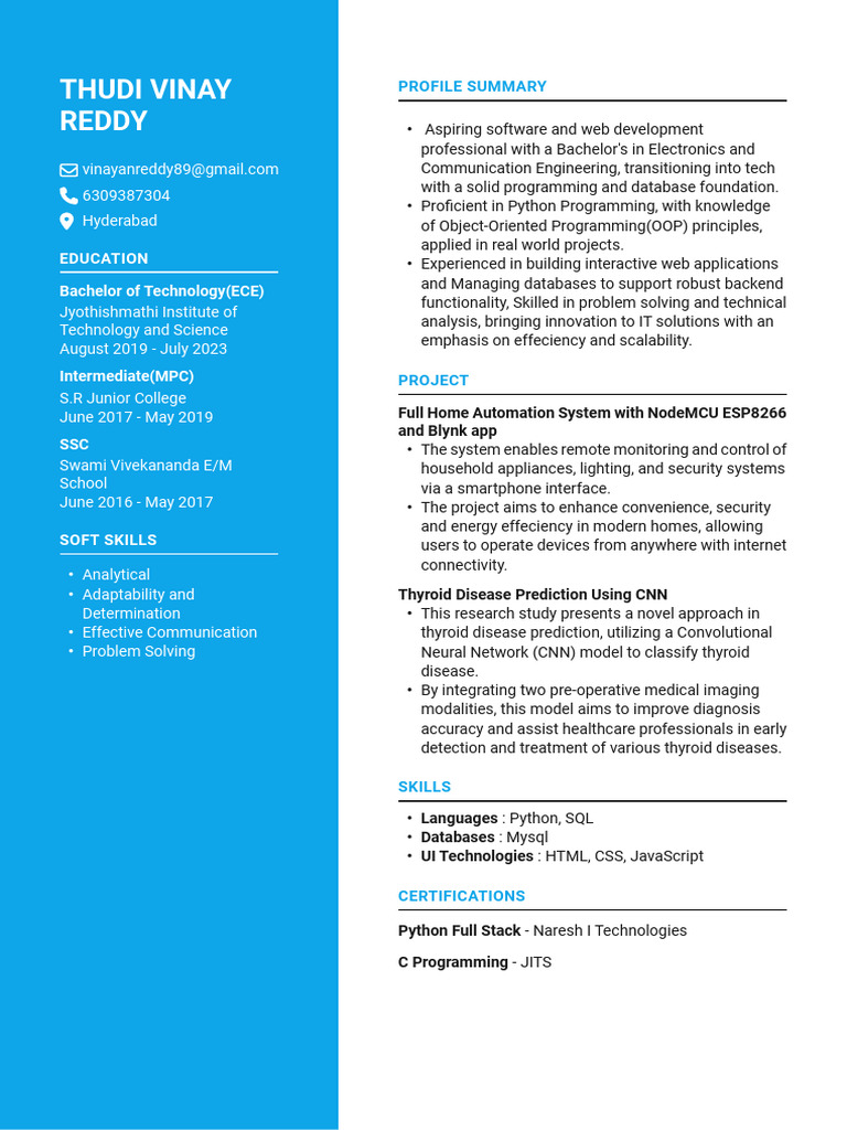 THUDI VINAY REDDY - Resume | PDF | Databases | Web Development