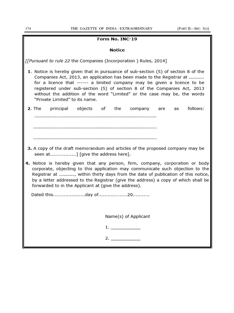 INC-19 Notice for Company License Application | PDF