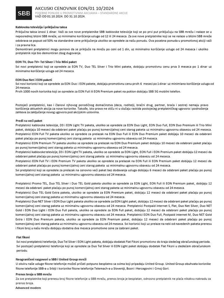 Standardni SBB Eon Akcijski Cenovnik 10 2024 | PDF