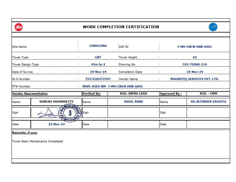 Work Completion Certification for Tower | PDF
