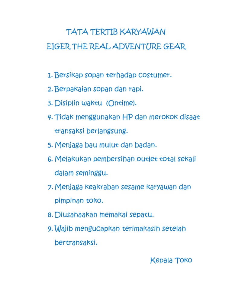 Tata Tertib Karyawan Eiger