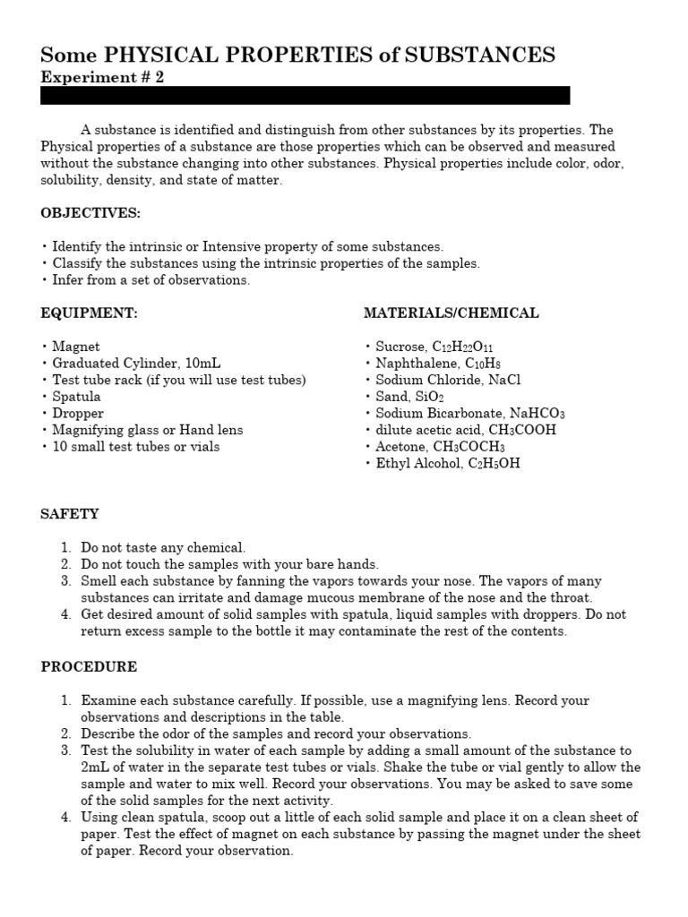 Experiment 2 Physical Properties | PDF | Chemical Substances | Chemistry