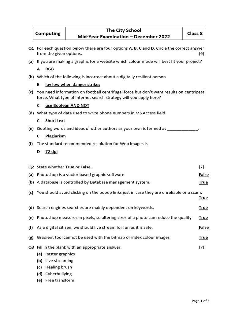 Class 8 Computing Exam Questions | PDF | Computing | Computer Graphics