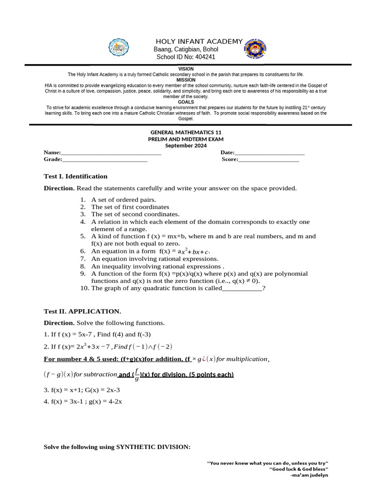Prelim&midterm..eamination GRADE 11 | PDF | Function (Mathematics ...