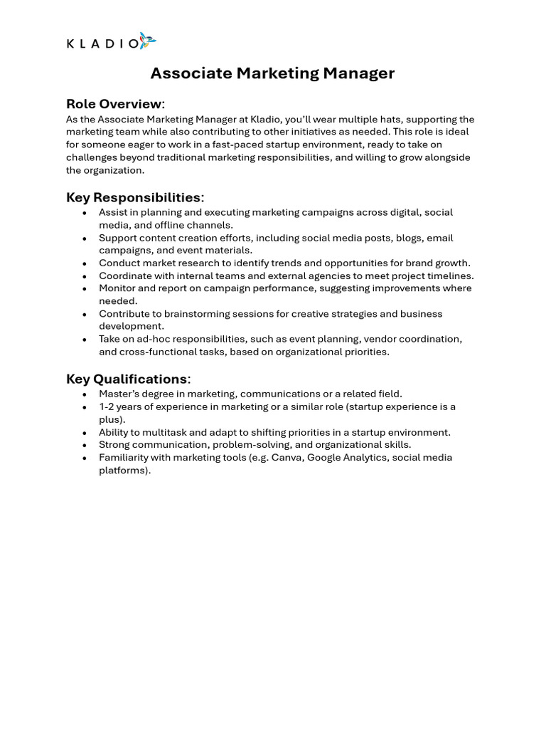 Associate Marketing Manager Overview | PDF | Finance & Money Management