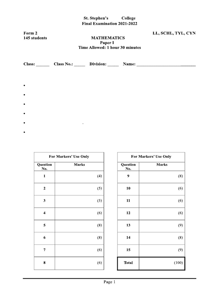 SSGC F2 Math P1 21-22 Final Exam | PDF | Mathematical Objects | Mathematics