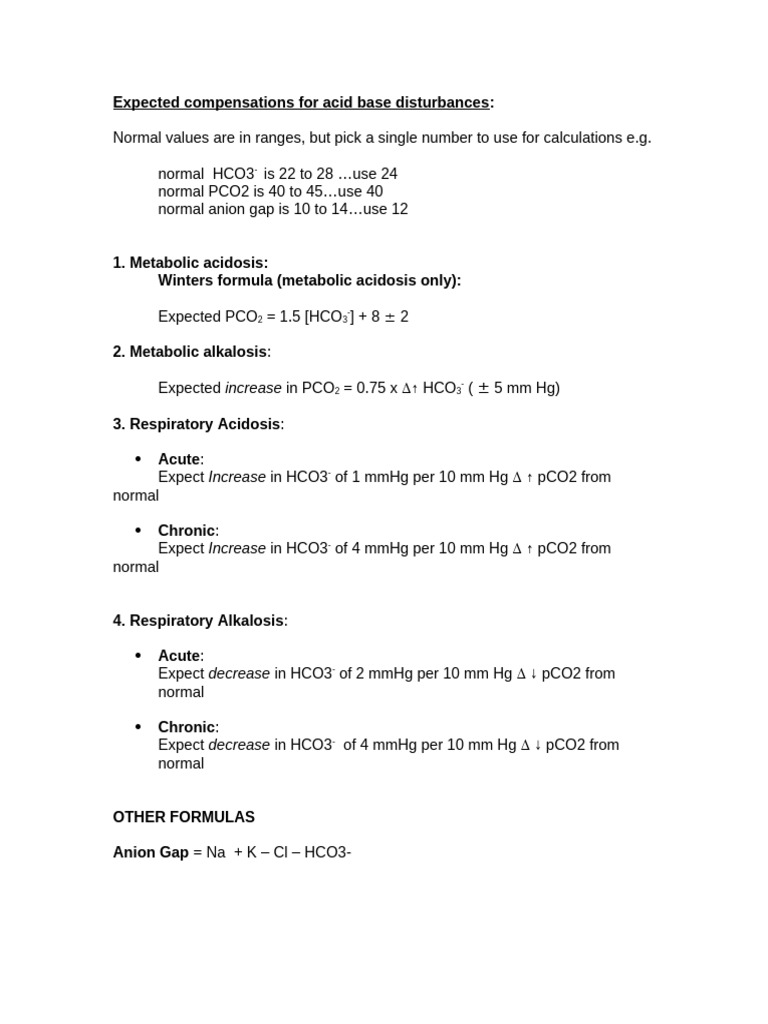 Expected Compensations For Acid Base Disturbances | PDF