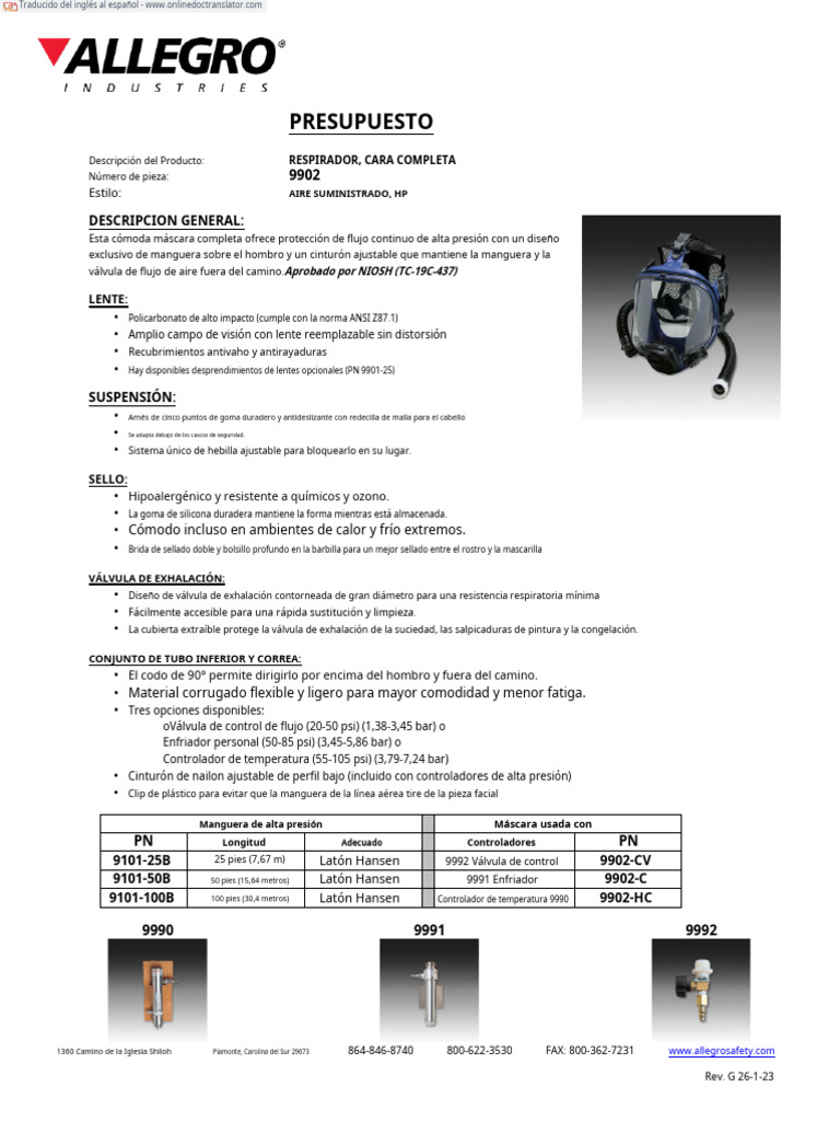 Respirador 9902: Máscara Completa NIOSH | PDF | Tecnología