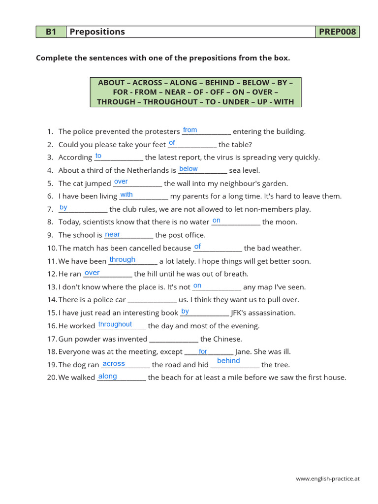 B1 Preposition Practice Worksheet | PDF