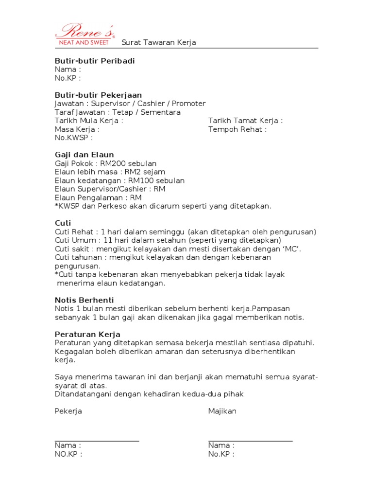 Surat Rasmi Tawaran Kerja Kontrak Persoalan O