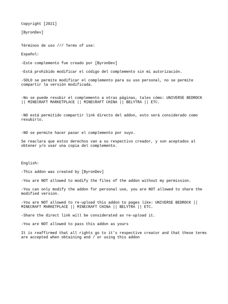 Addon Usage Terms by ByronDev | PDF