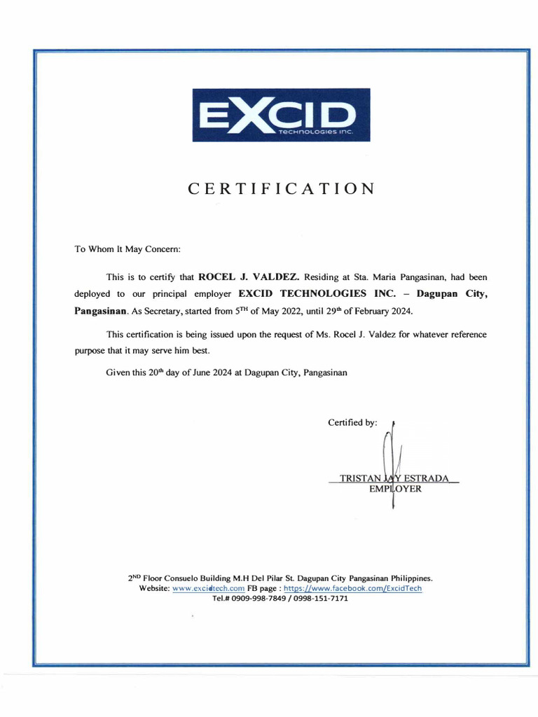 EXCID CERT. EMPLOYMENT | PDF